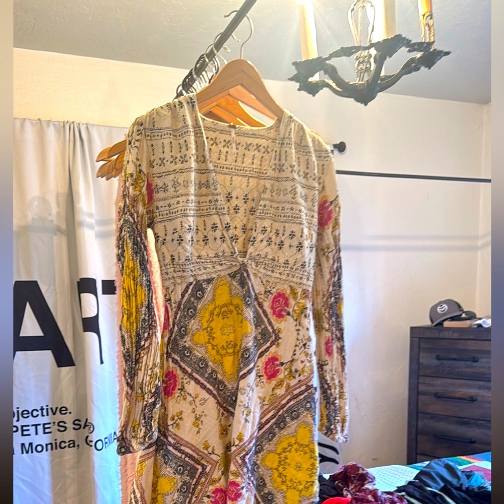 Free People Yellow and Red Casual Sheath Dress with Plunge Neckline - Picture 4 of 4
